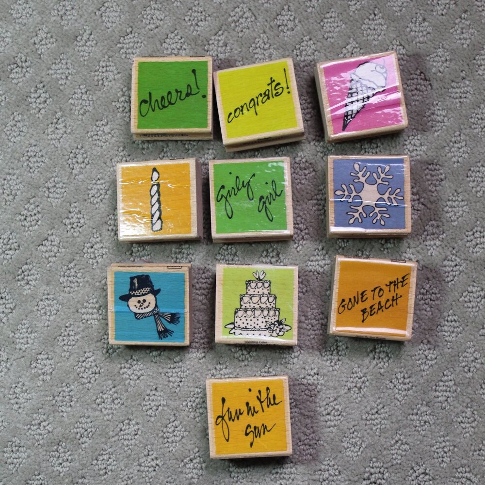 Lot of 10 VAP! Scrap Good Preowned Seasonal Themed Wood Mounted Stamps